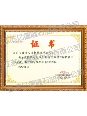 Jiangsu Province Specialized, New, Small and Medium Enterprise Certificate